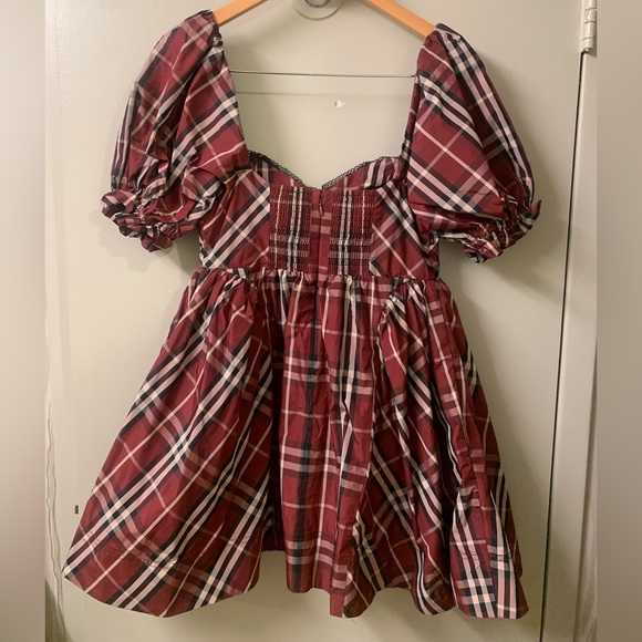 Anthropologie Maeve Maroon Tartan Plaid Puff Sleeve A-Line Mini Dress Small NWT - Picture 7 of 9